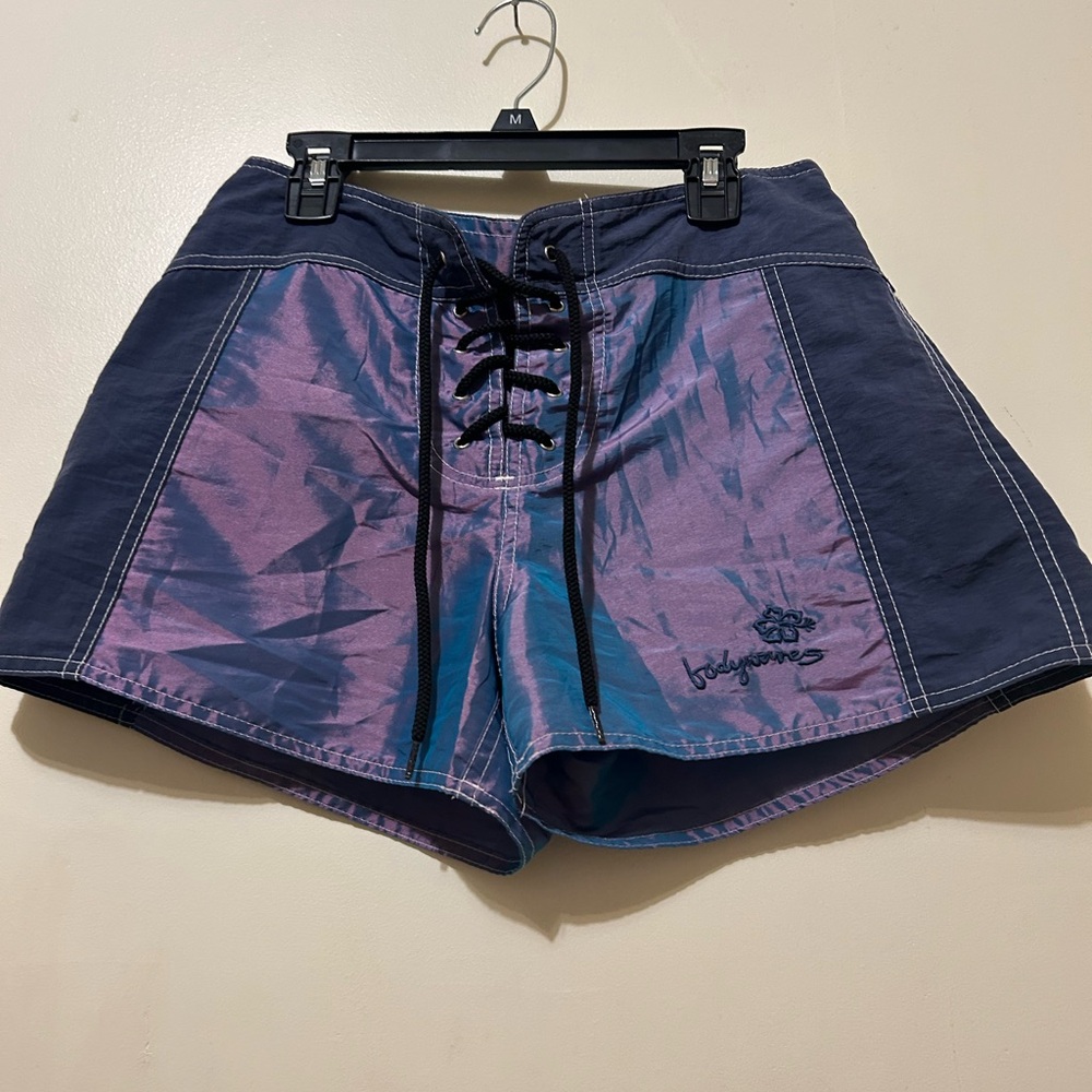 VTG Body Glove Women's Board Swim Shorts Sz 7 Purple Blue Iridescent Lace Up